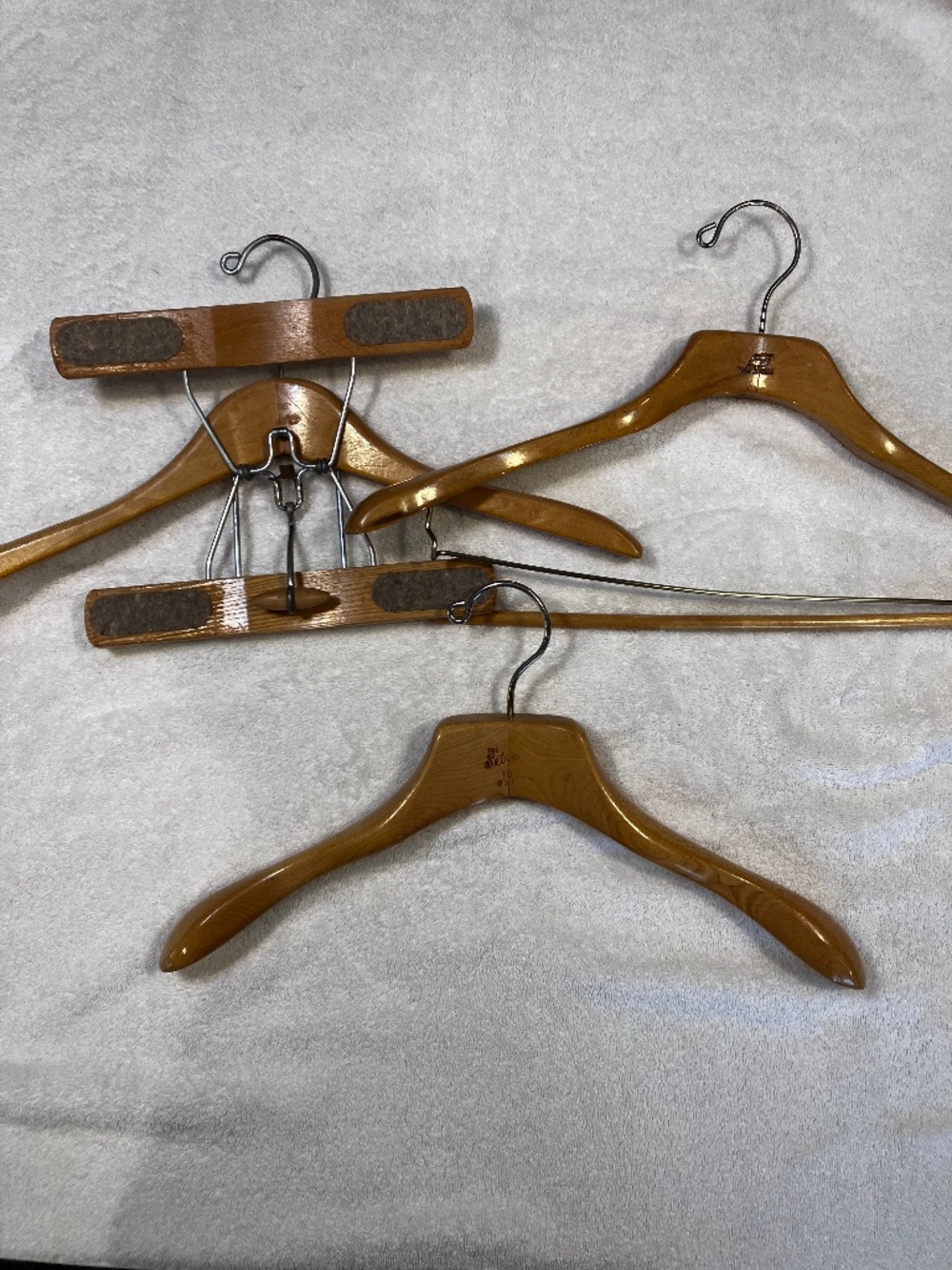 Three Unisex Setwell Vintage Wood Hangers (Varied by Size and Functionality)